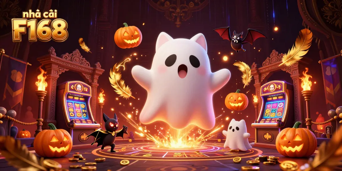 Experience the thrills at nhà cái F168 with a 3D ghost cat and bat in a haunted casino.