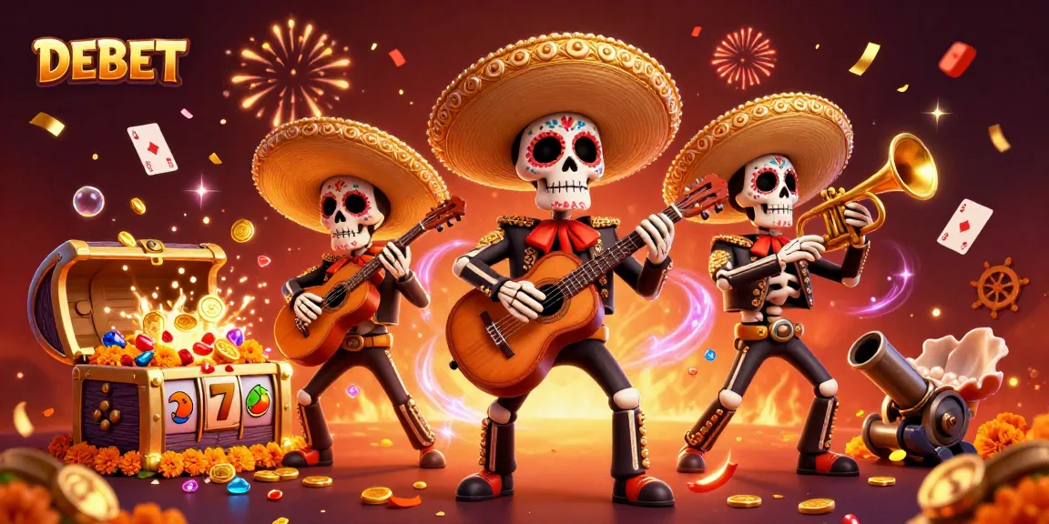Join the vibrant DEBET casino scene with lively mariachi skeletons and exciting slot reels.