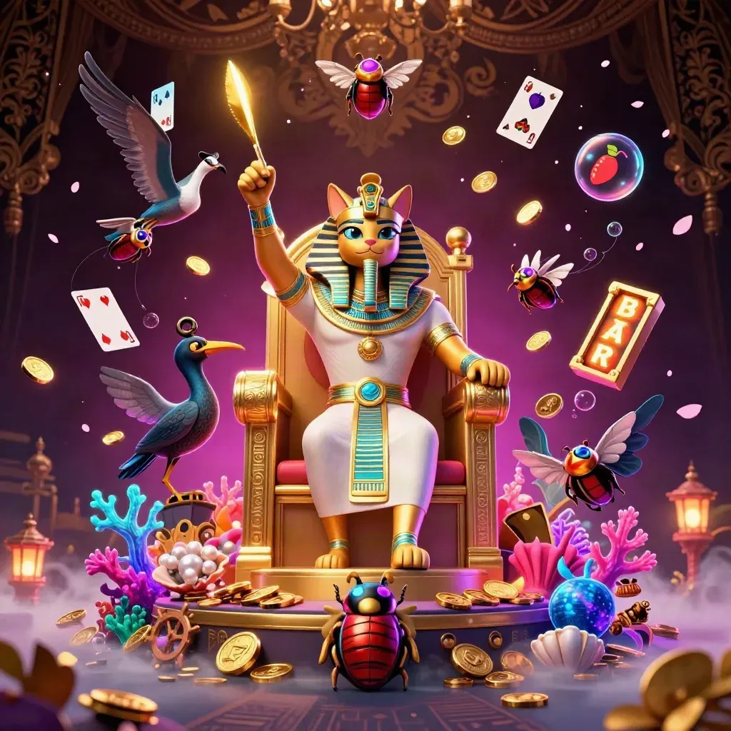 Pharaoh cat throne scene with ibis scribe, scarabs, treasure, and neon casino glow.