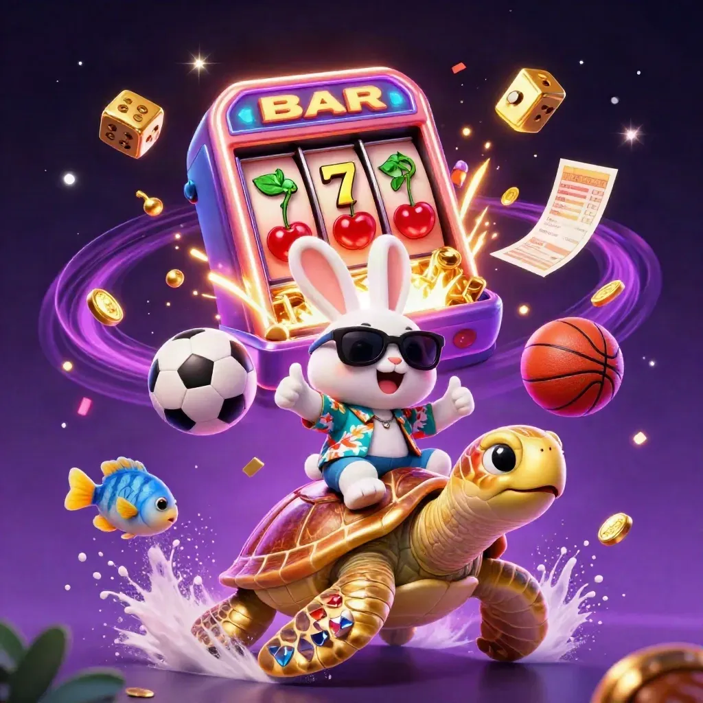 Lucky rabbit rides a golden turtle as casino symbols and sports balls burst in neon light.