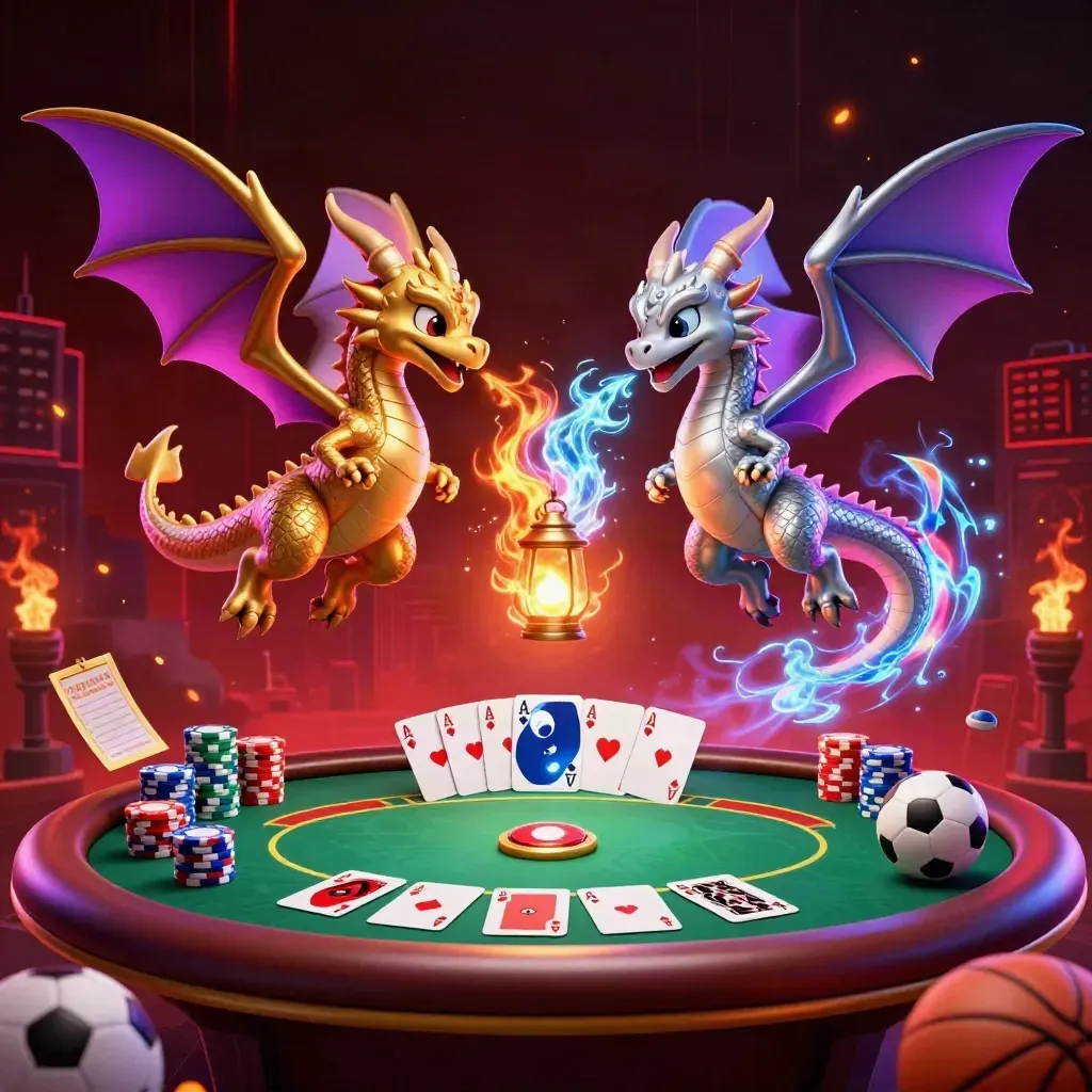 Gold and silver dragons swirl over casino chips, cards, ball props, and a neon city skyline.