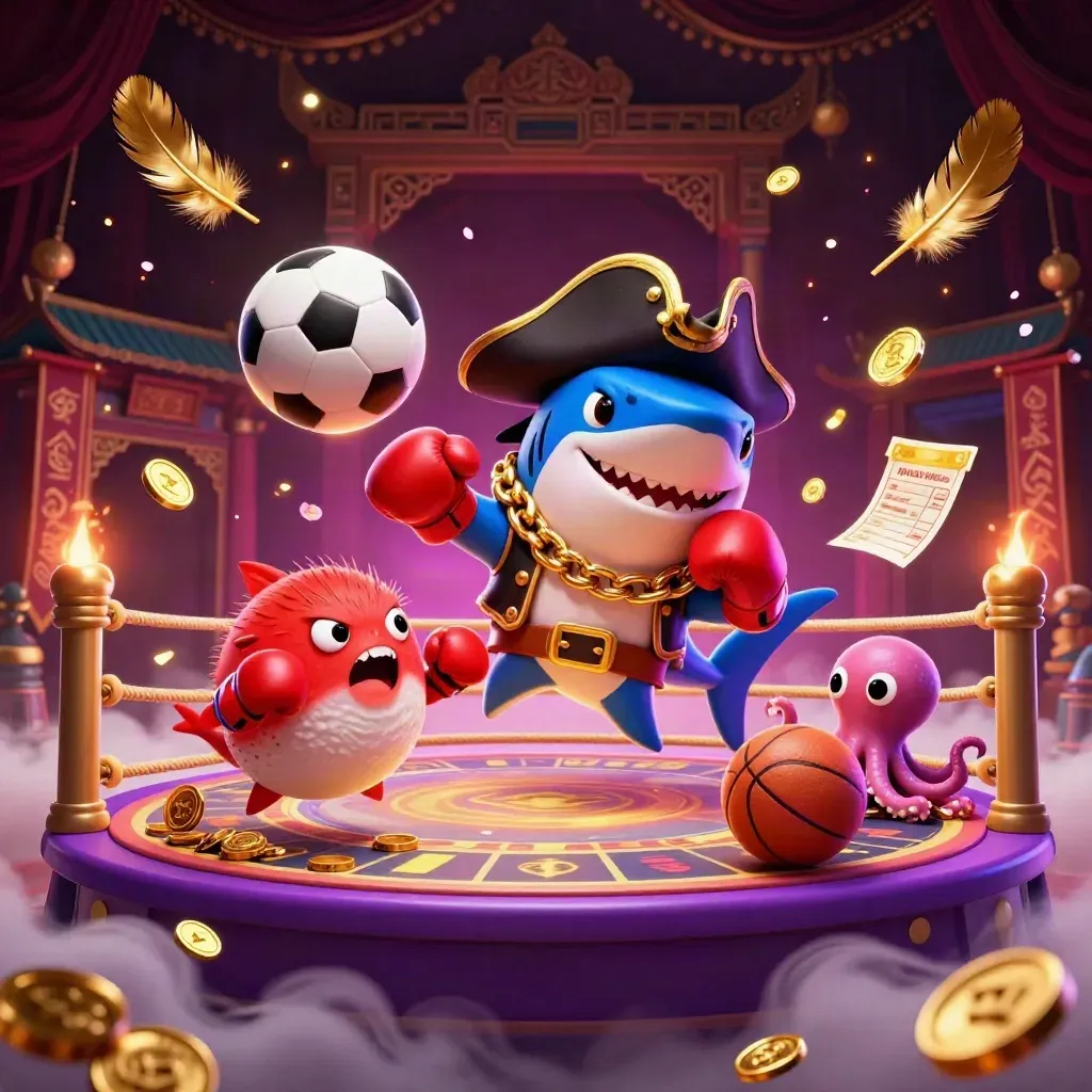 Pirate shark, pufferfish and octopus amid flying balls, coins and temple glow