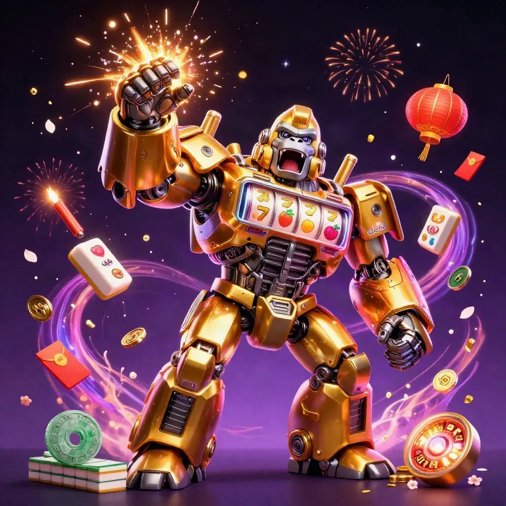 Golden gorilla slot mech with monkey pilot, reels, lanterns, coins, fireworks, and neon treasure bursts