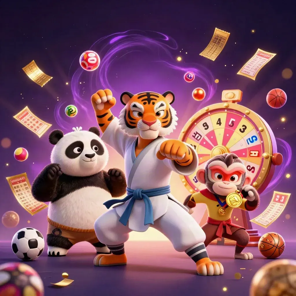 Kung-fu tiger, panda, and monkey in a neon casino burst with sports balls and gold effects.