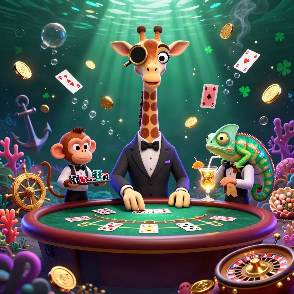 Giraffe, monkey, and chameleon at a luxe casino table with glowing underwater treasure and lights