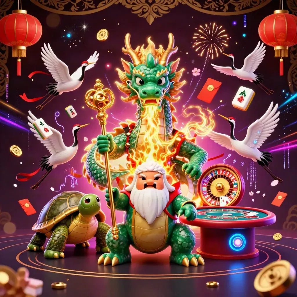 Jade dragon, turtle sage, and cranes amid neon casino relics and gold light
