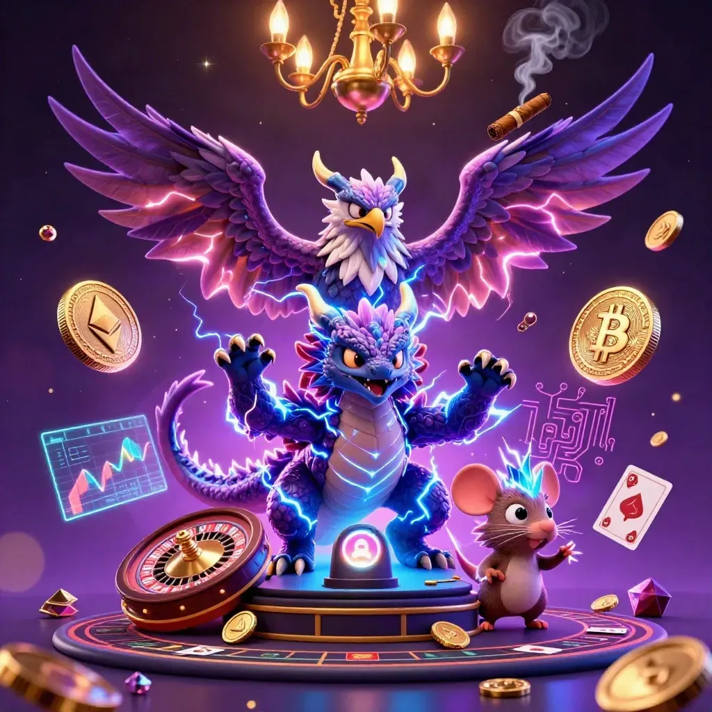 Thunder dragon, wind hawk, and static mouse amid neon casino energy, coins, charts, lightning, roulette wheel