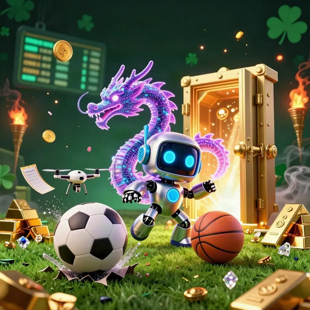 Robot mascot, holographic dragon, and drone amid flying balls, gold, and casino effects on dark emerald