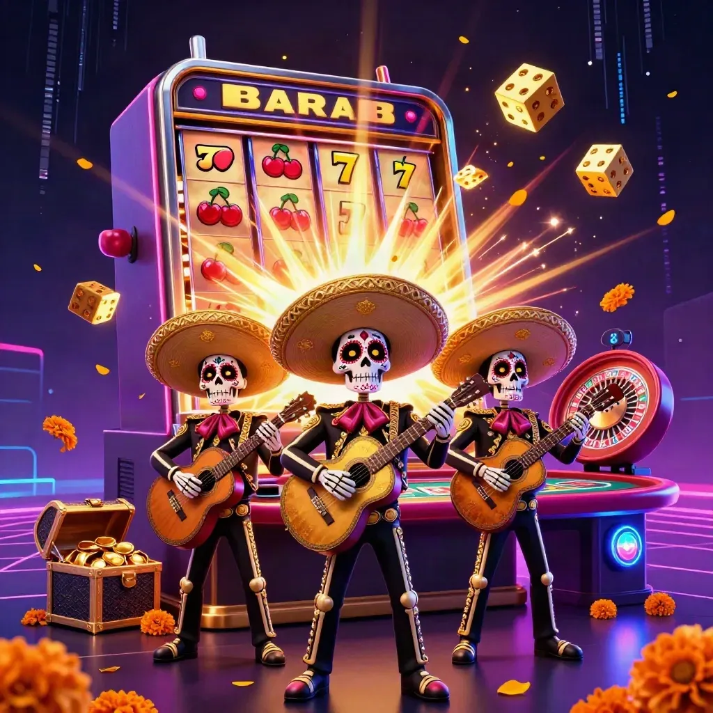 Day-of-the-Dead mariachi skeletons in a neon casino storm with slots, gold, and glowing cards.