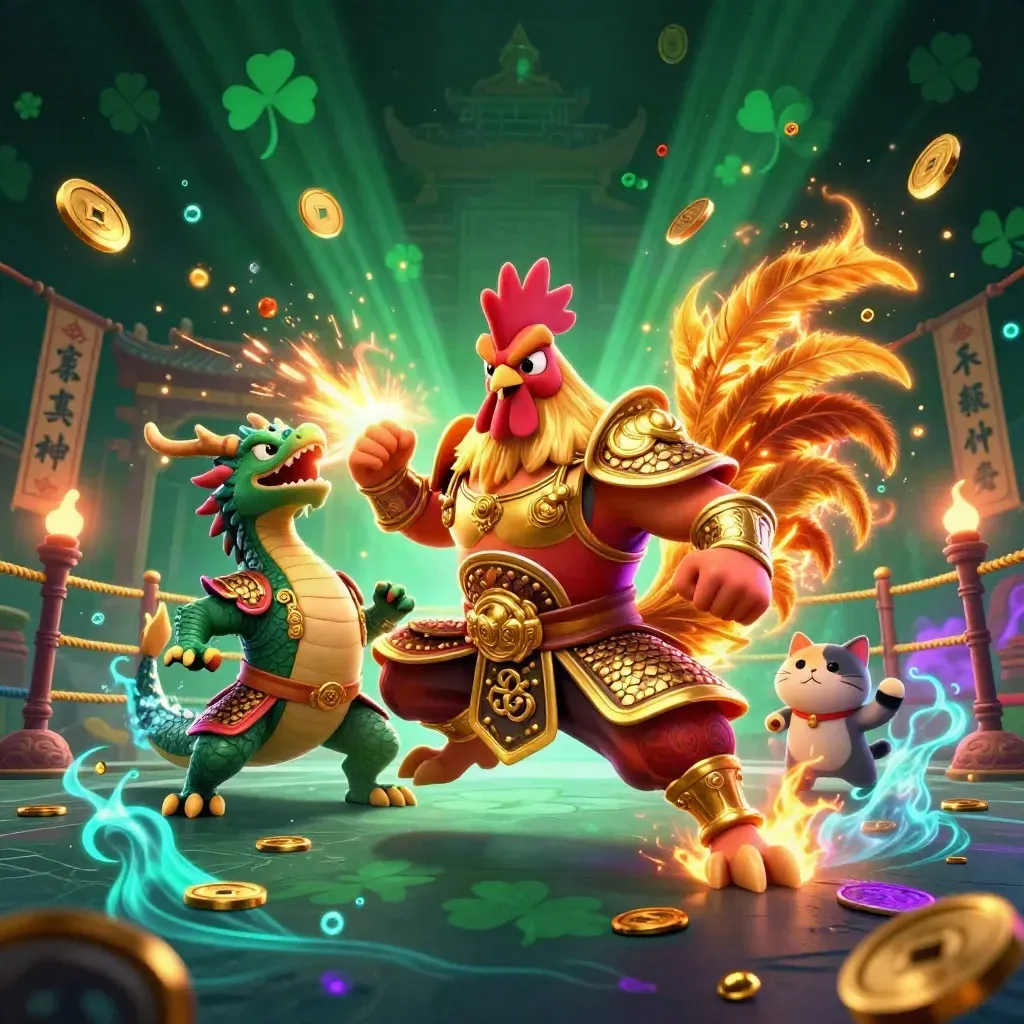 Rooster warrior, dragon hatchling, and fortune cat amid coins, sparks, and purple-gold casino glow.