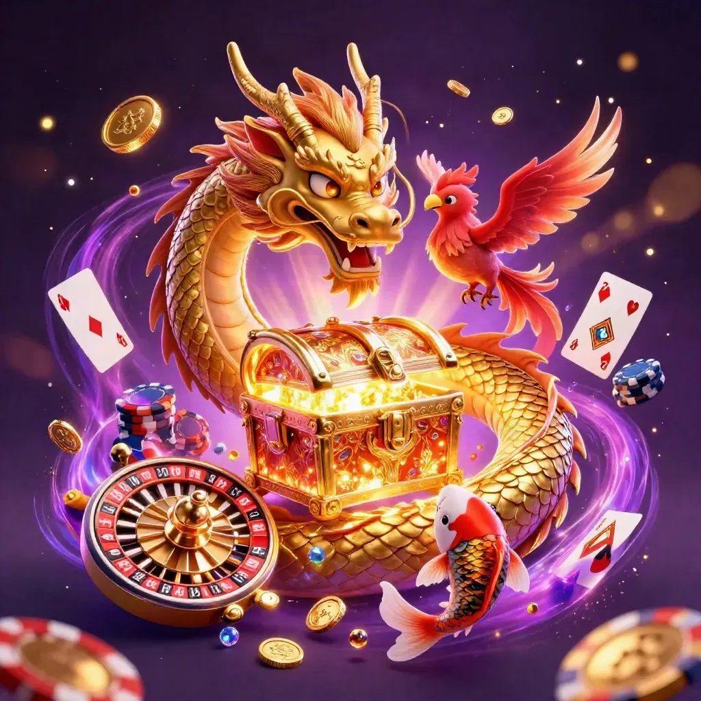 Golden dragon, phoenix, and koi bursting from a treasure chest amid coins, gems, chips, and a roulette wheel.
