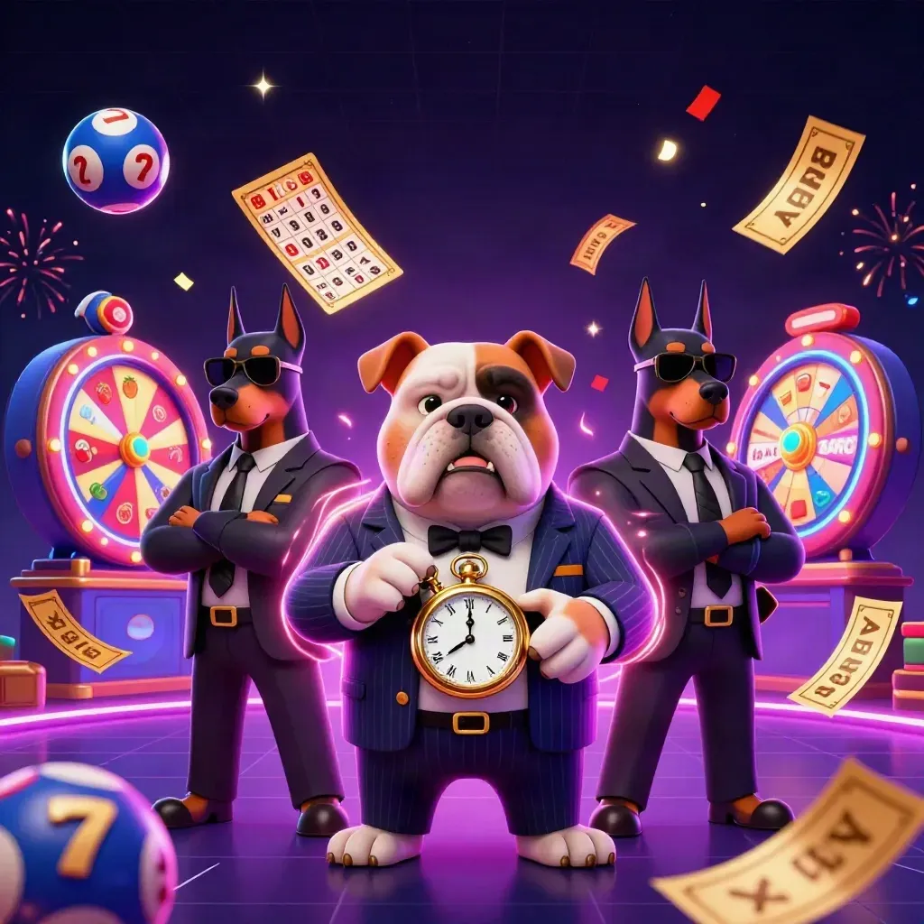 Mafia bulldog and Doberman bodyguards amid neon casino loot, sparks, and purple energy.