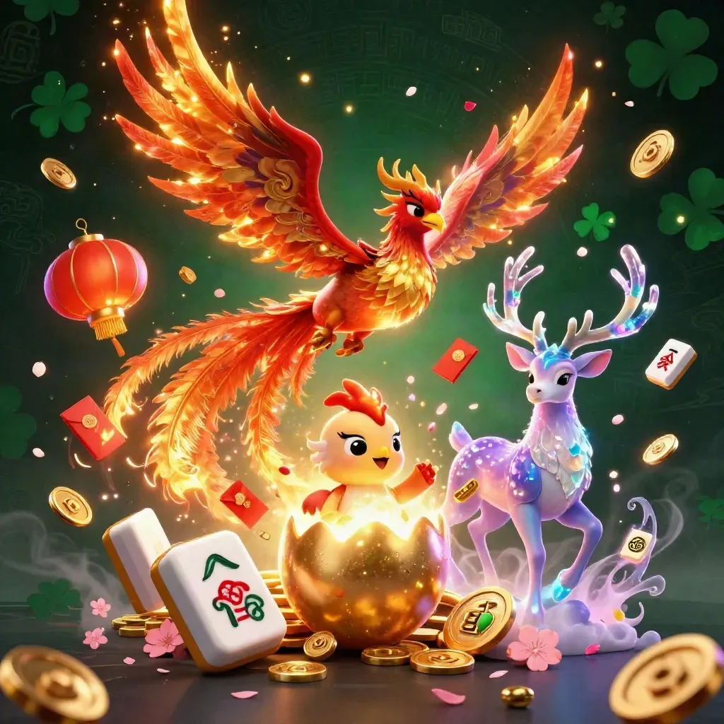 Phoenix, hatching baby phoenix and crystal stag amid coins, lanterns, petals and neon casino magic.