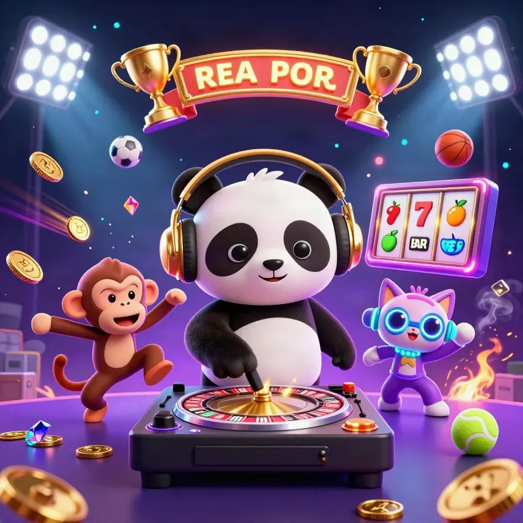 DJ panda, breakdancing monkey, and glow-stick kitten amid casino sports chaos and neon particles