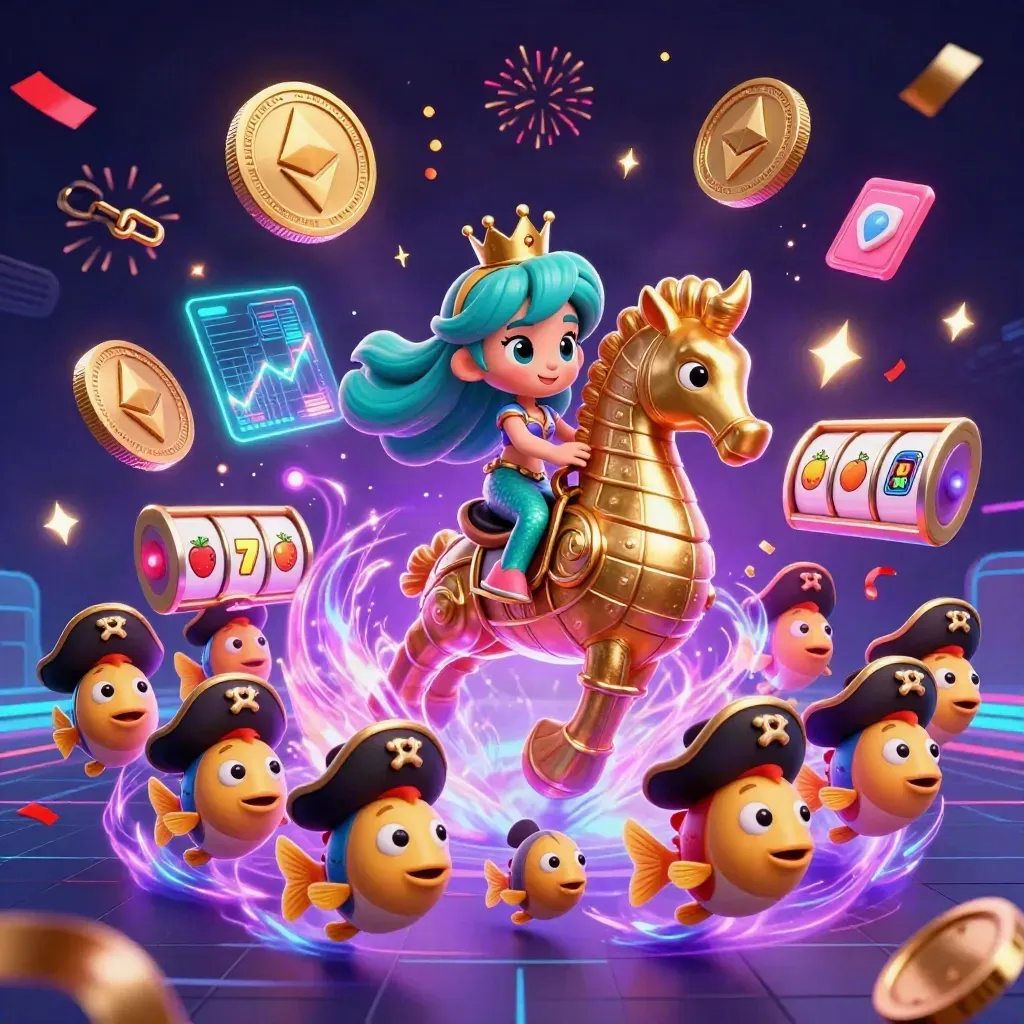 Mermaid princess on a golden seahorse amid neon coins, sparks, confetti, and casino magic.