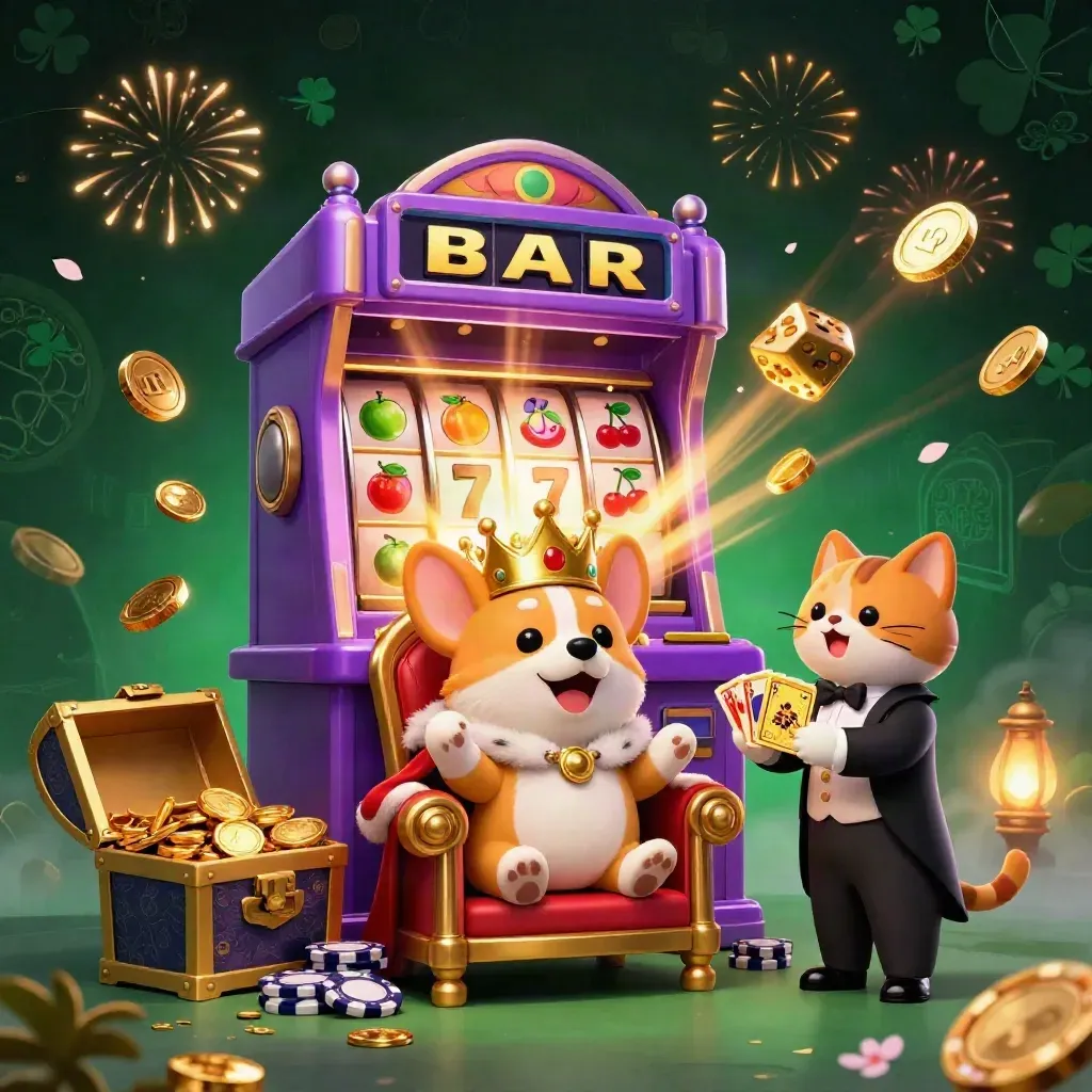 Royal corgi and cat butler amid slot reels, gold coins, fireworks, and a bursting jackpot chest.