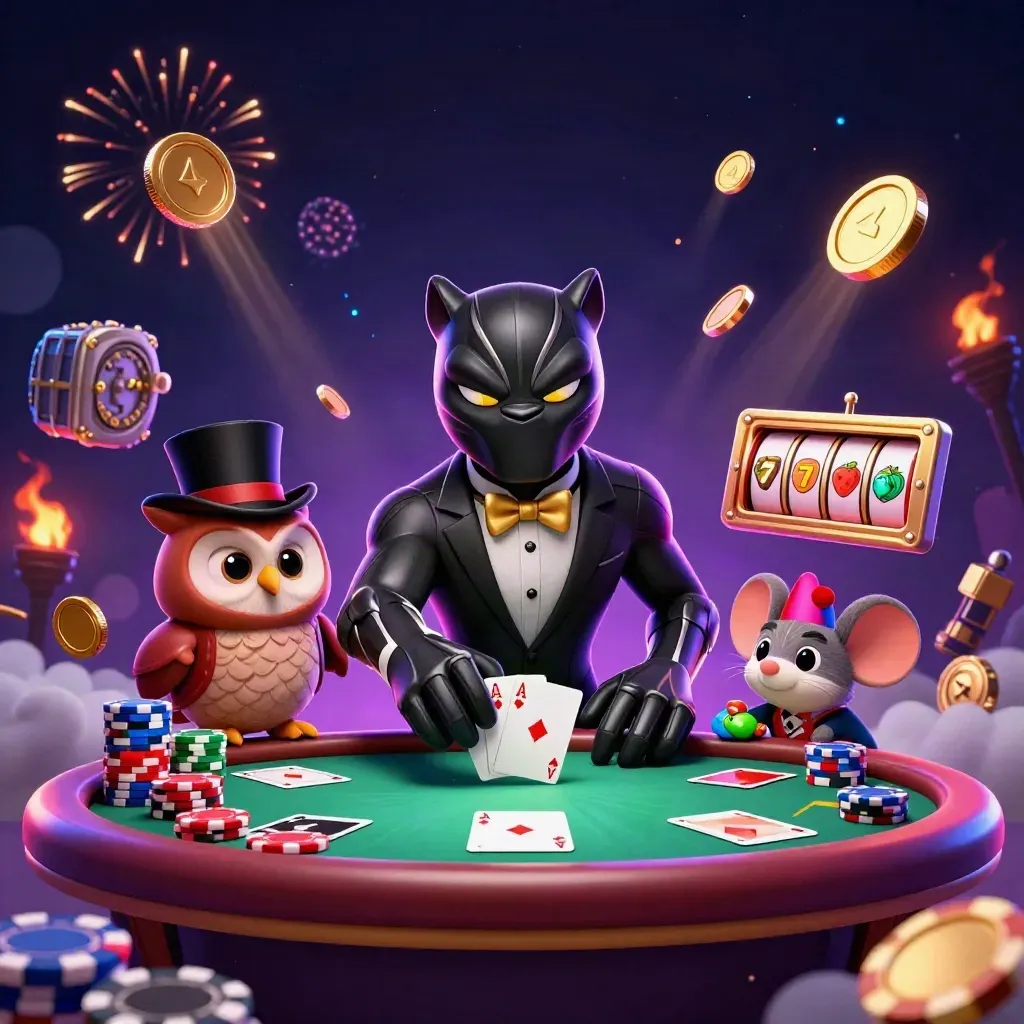 Panther, owl, and mouse at a neon casino table with coins, reels, chips, and fireworks.