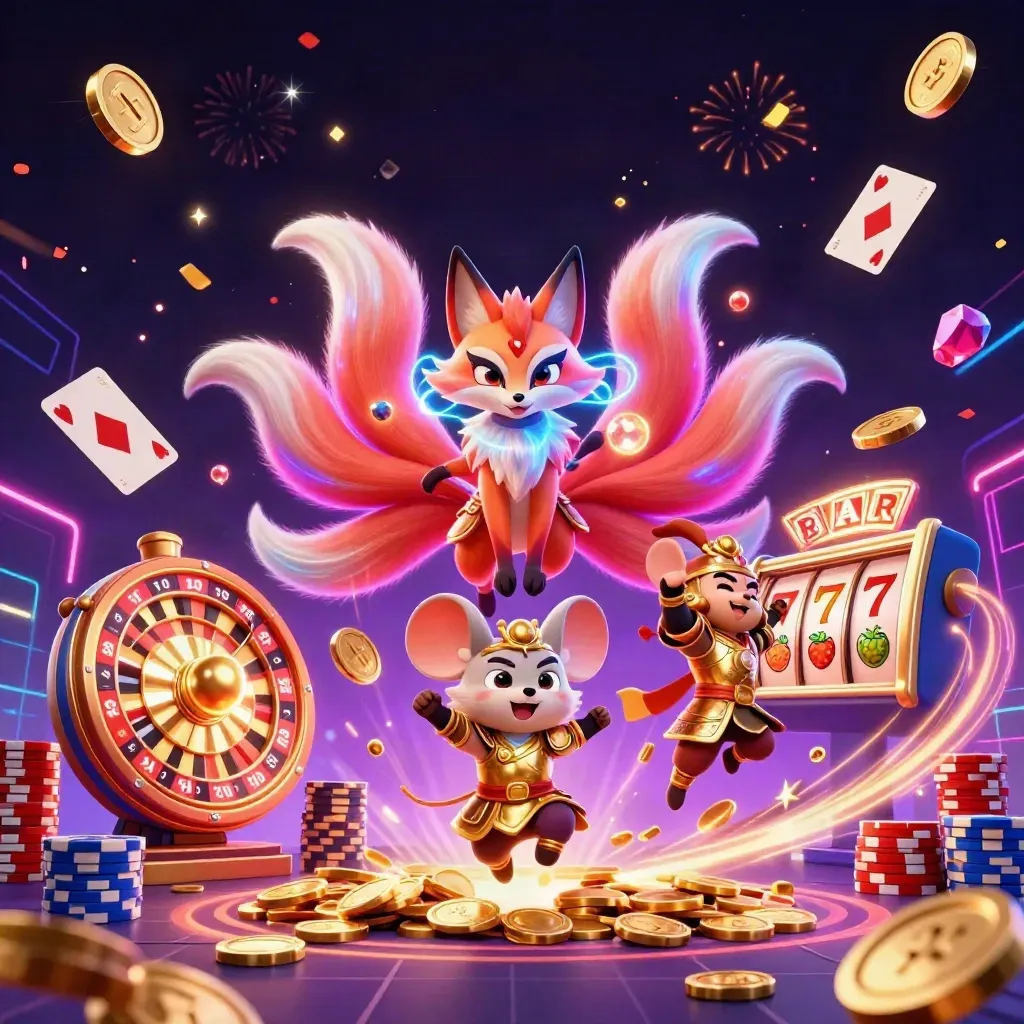 Neon fox spirit and samurai mouse amid coins, chips, reels, fireworks, and golden casino magic.