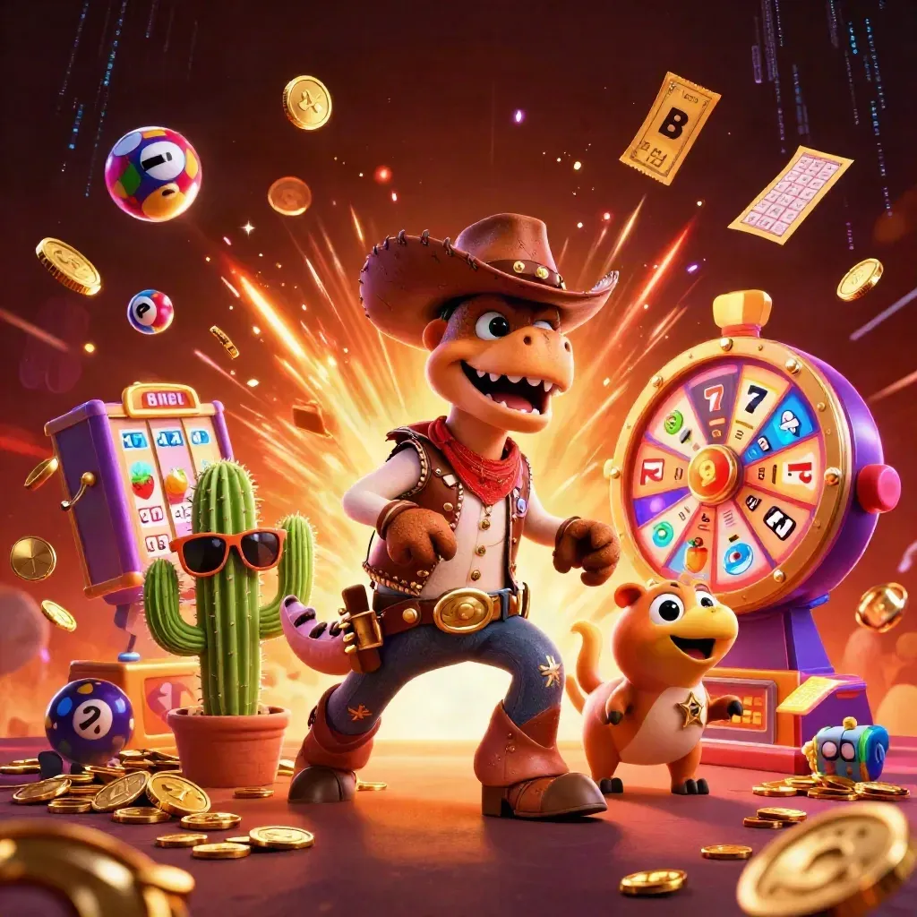 Cowboy T-Rex, cactus sidekick, and roadrunner in a burst of casino coins and neon effects.