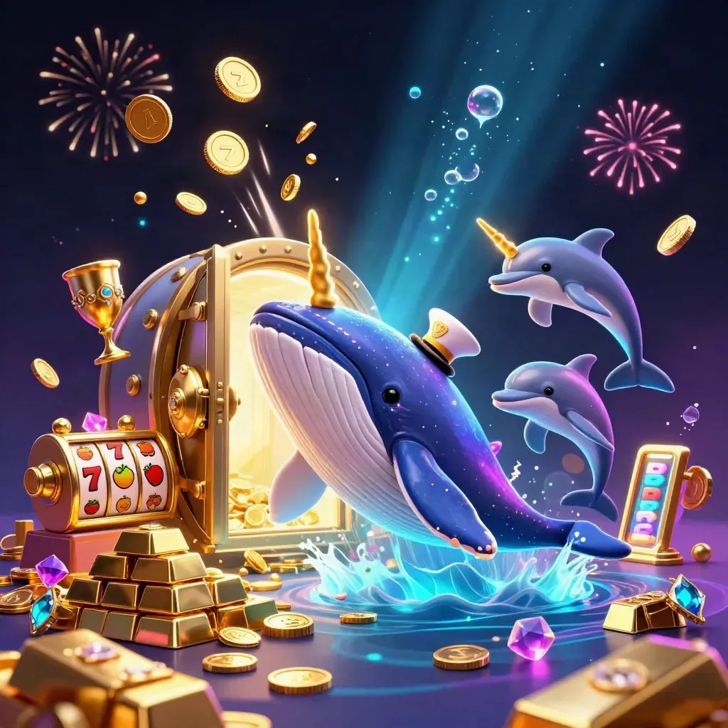 Cartoon whale captain, narwhal, and dolphins burst from coins around a glowing vault in casino colors.
