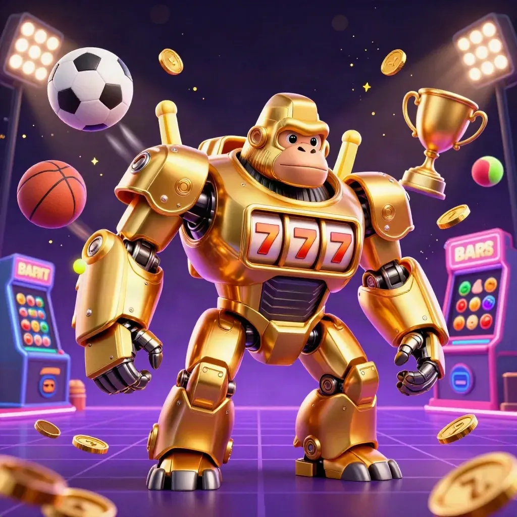 Golden gorilla slot mech with tiny monkey pilot, flying sports balls, coins, and neon casino glow.