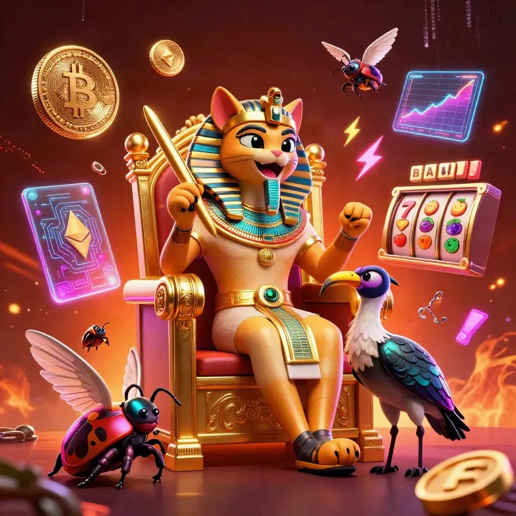 Pharaoh cat, ibis scribe, and gem-wing scarabs with casino coins and neon effects
