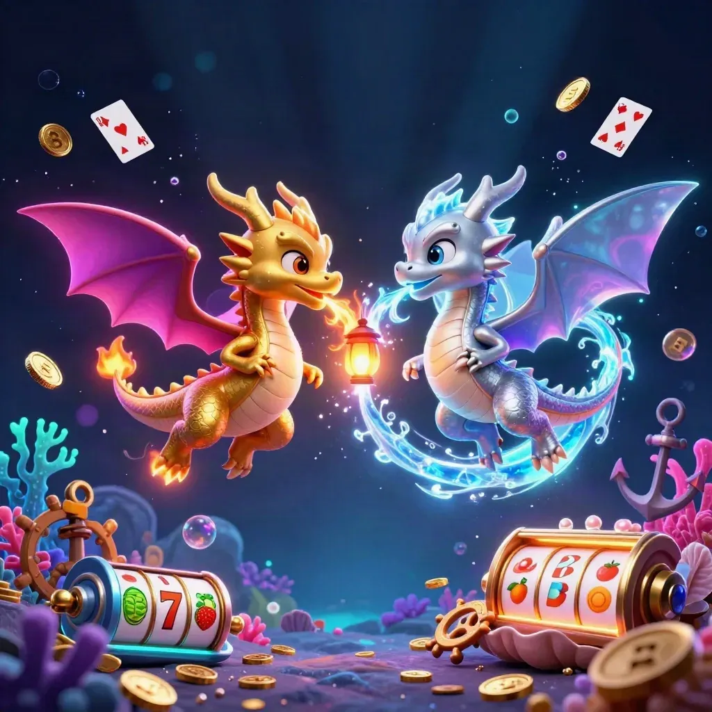 Gold and silver dragons spiral in a neon underwater coin cove with casino symbols and glowing effects.
