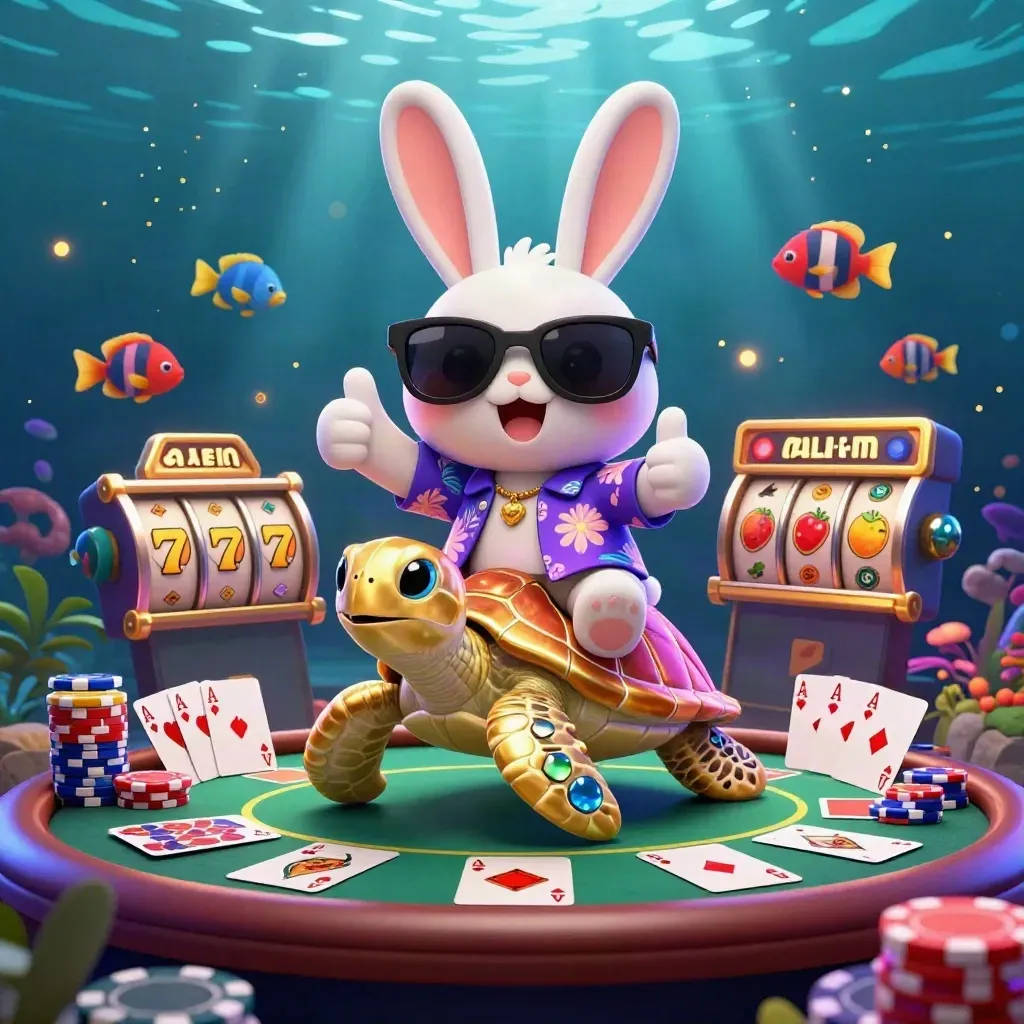 Lucky rabbit on a golden sea turtle, surrounded by chips, cards, reels, and underwater casino glow.