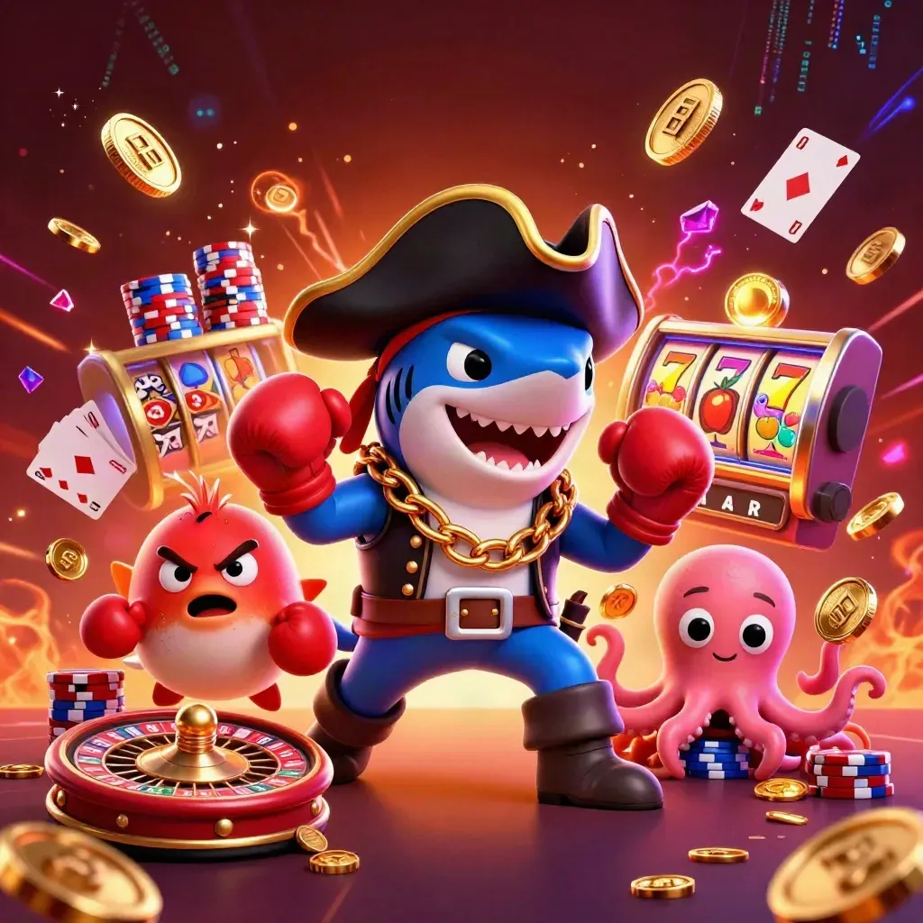 Pirate shark, boxing pufferfish, and coin-juggling octopus amid casino reels and glowing chips.