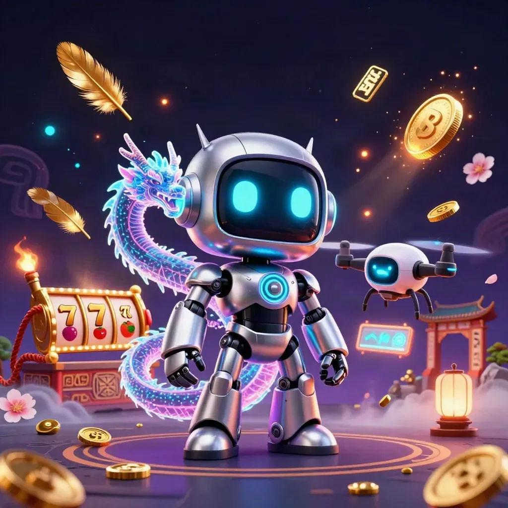 Cyberpunk robot, holographic dragon and coin drone amid casino relics, glowing in purple, gold and pink