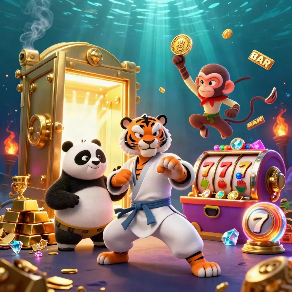 Tiger, panda and monkey amid gold vault, reels and neon casino sparks.