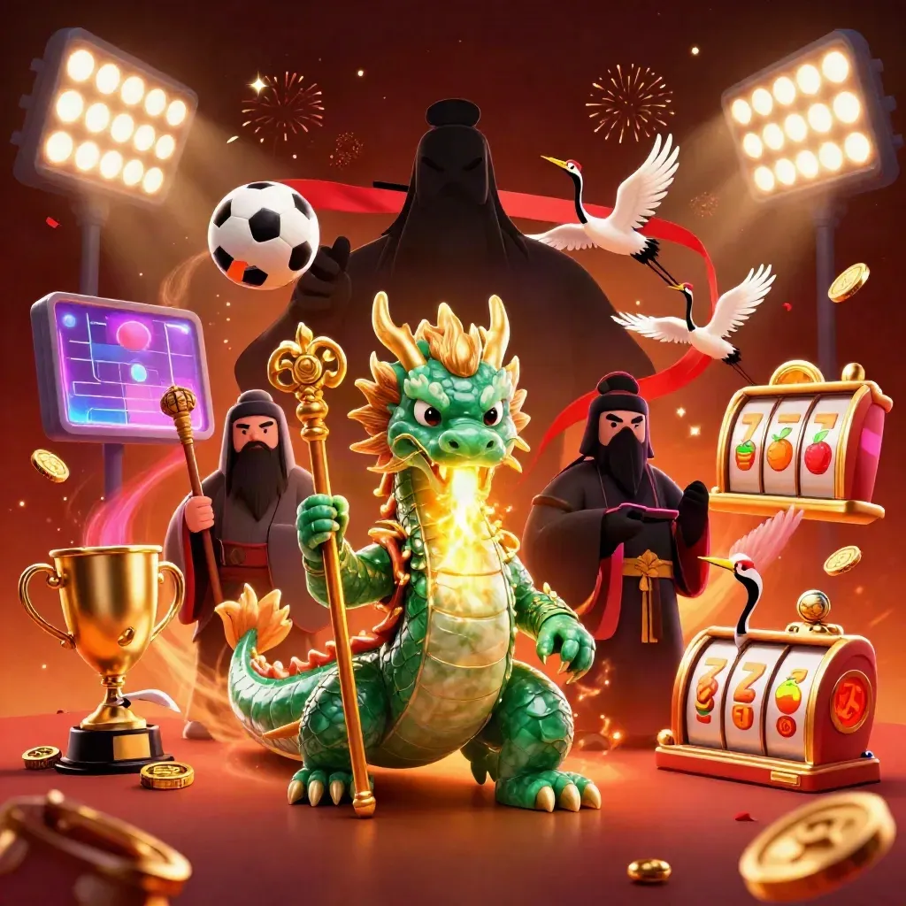 Jade dragon, turtle sage, and cranes amid casino sports energy and gold sparks.