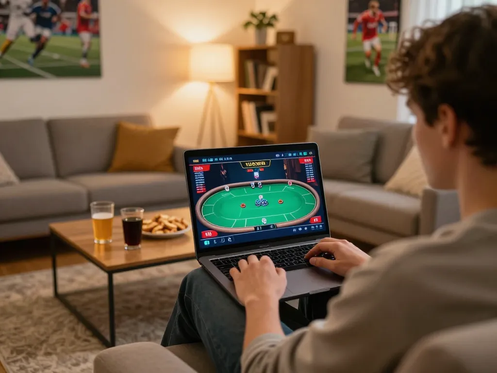 Engaging view of a person watching ดูหนัง online while placing bets, showcasing a dynamic home gaming atmosphere