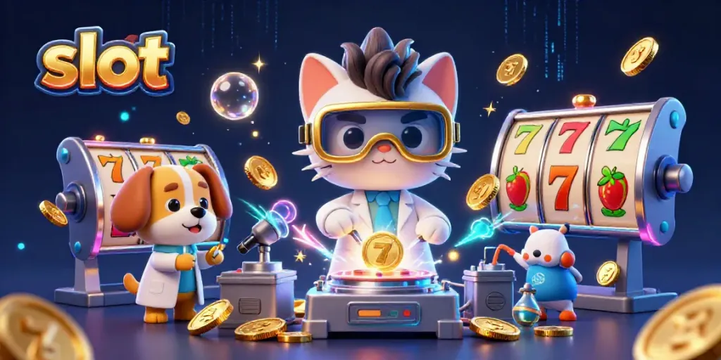 Spin the slot reels and win big with playful characters in a vibrant casino scene.