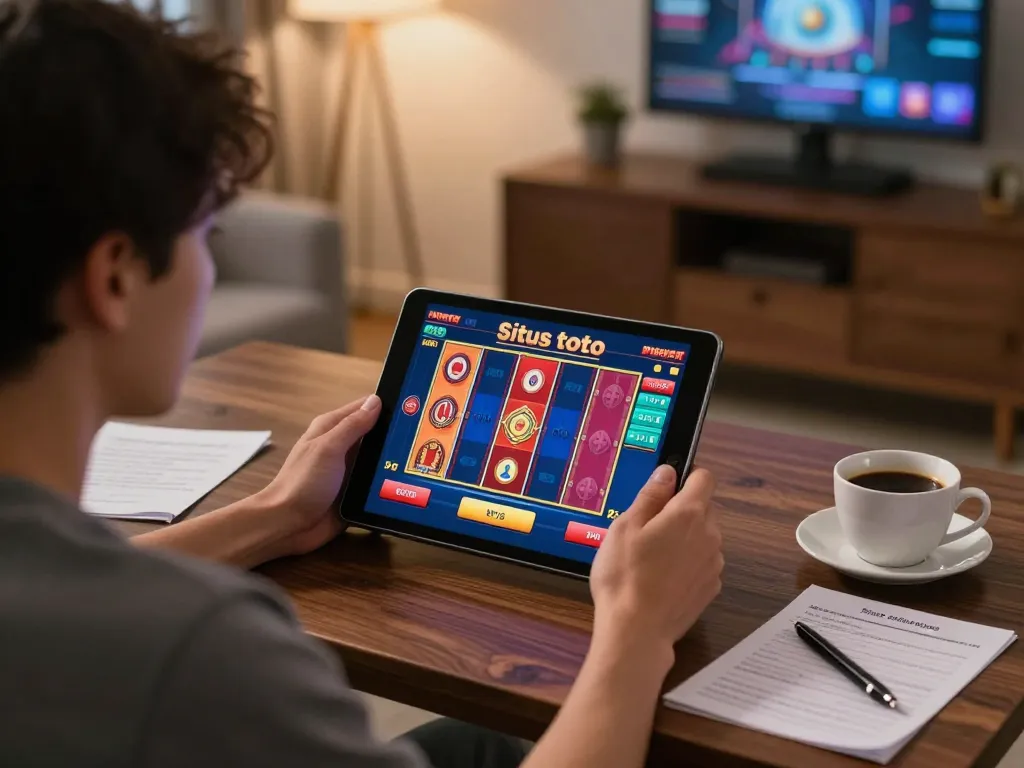 Engaged player analyzing situs toto options on a tablet at home, showcasing online gaming excitement.