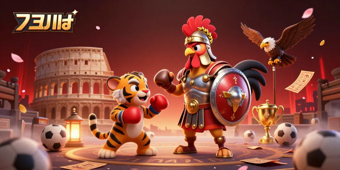 แทงบอล action scene with a rooster in armor, a tiger cub, and sports betting elements.