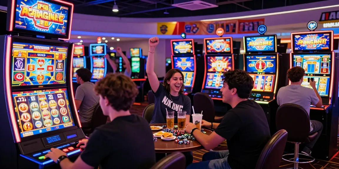 Exciting slot machine gaming scene with players celebrating wins in a vibrant casino atmosphere.