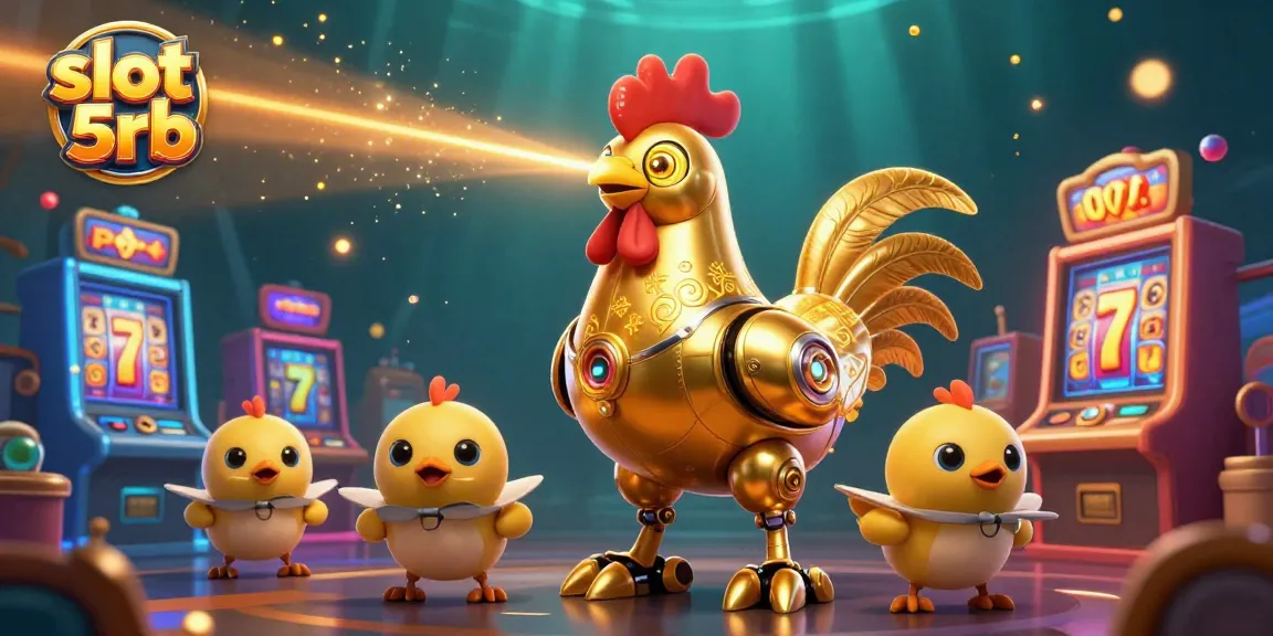 Engage with slot 5rb in a vibrant casino scene featuring a golden rooster robot and baby chick drones.