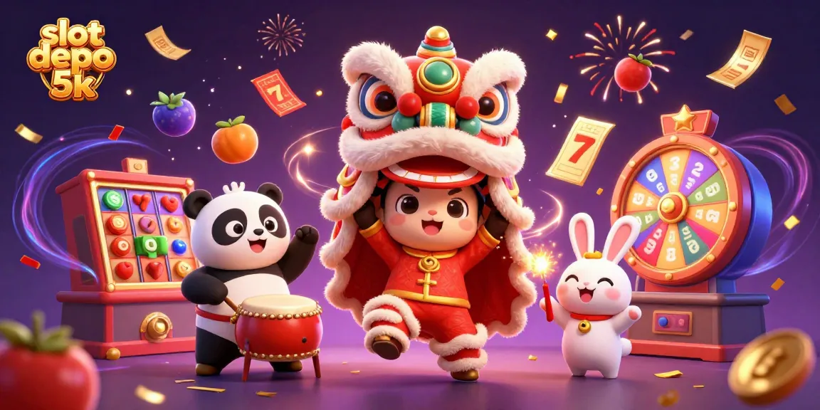 Spin to win with slot depo 5k in a vibrant 3D casino celebration scene, full of action!