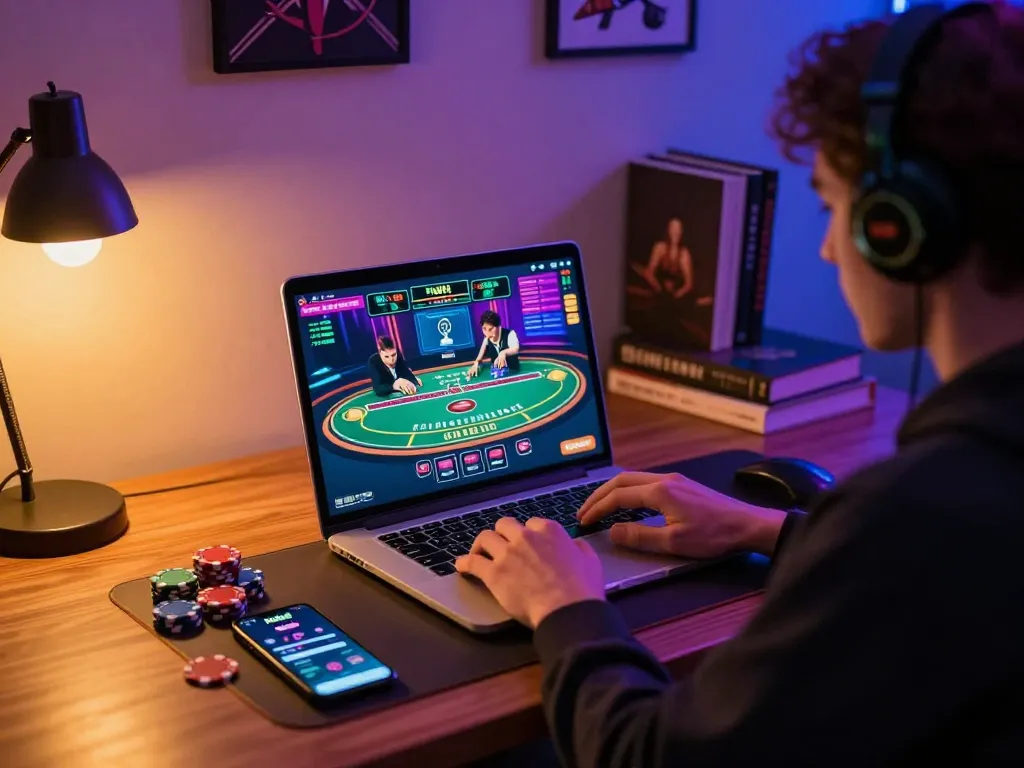 Engaging in online gameplay on hubet platform with colorful lights and poker chips.