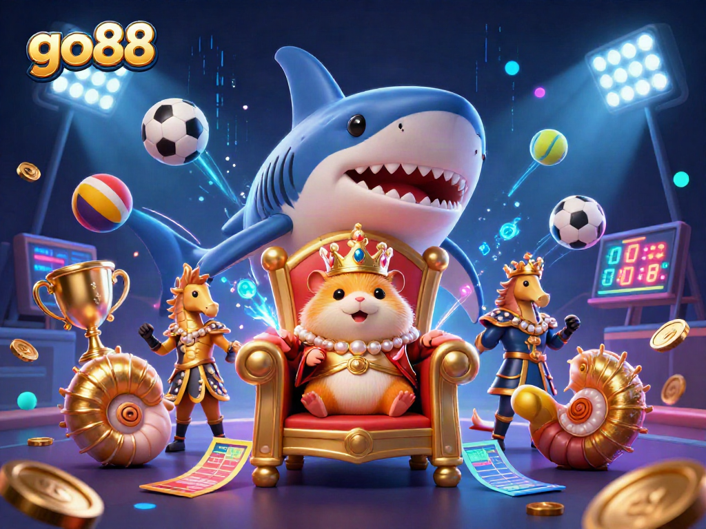 Experience go88 with a fierce golden hamster king ruling in a dynamic casino-themed scene