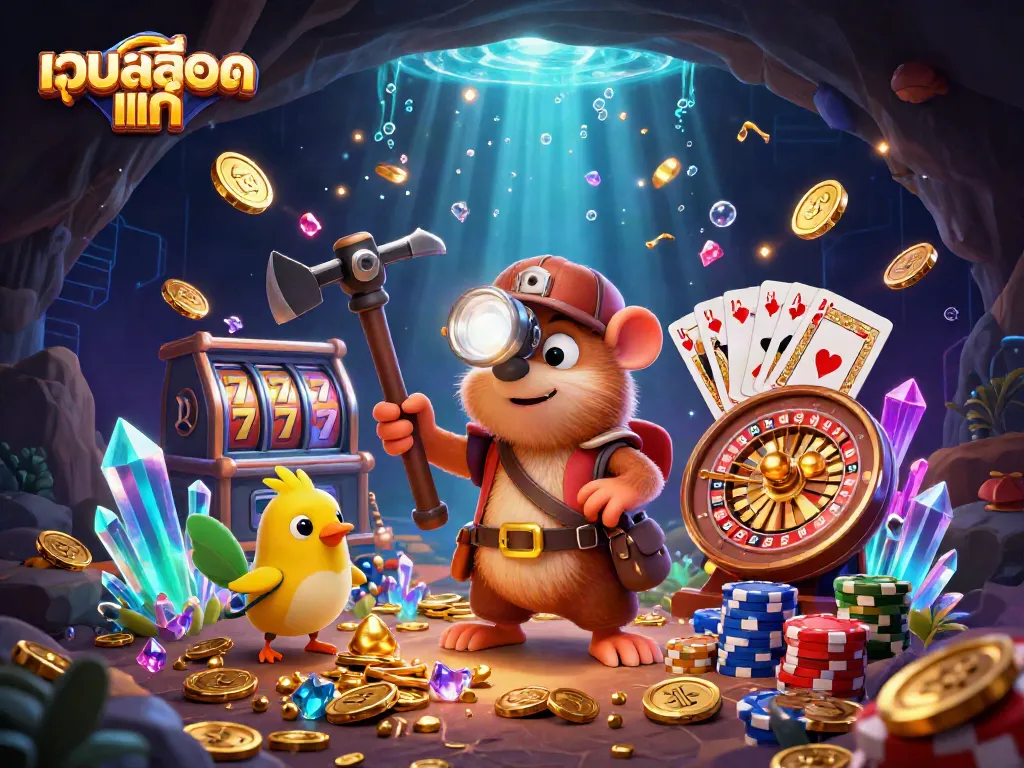 Experience thrilling gameplay in เว็บสล็อตแท้ with a treasure hunting mole and sparkling gems in an exciting casino scene.