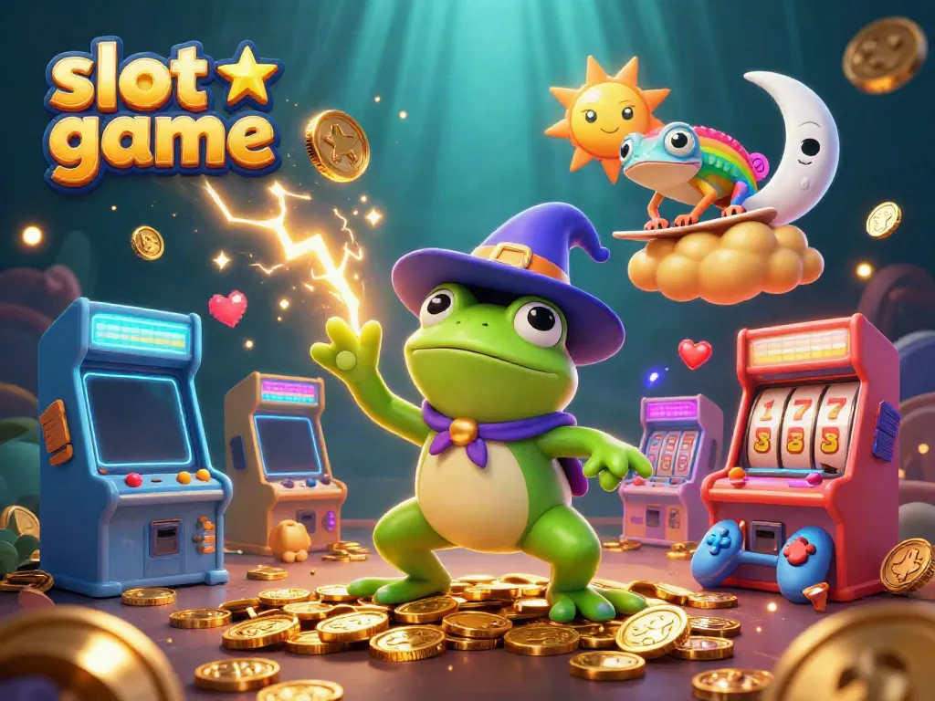 Engaging slot game scene with a wizard frog, chameleon, and dynamic casino elements