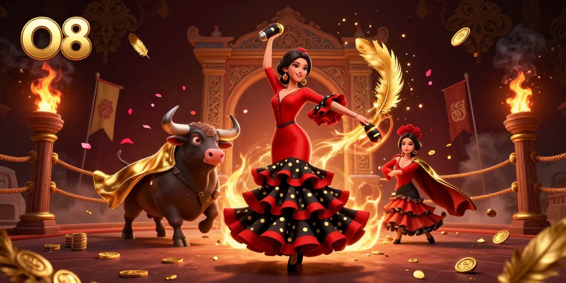 Experience thrilling moments at O8 with a captivating 3D illustration of a flamenco dancer and a cartoon bull amid vibrant gaming elements.
