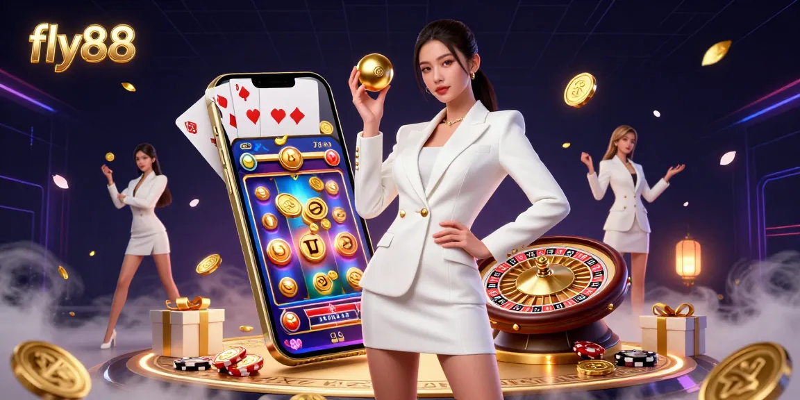 Experience immersive gaming with fly88 as a confident woman showcases luxury casino elements in a vibrant scene.
