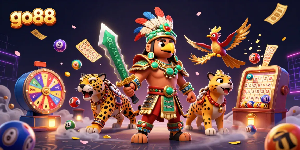Experience go88's exciting gameplay with vibrant lottery elements and Aztec warriors in this thrilling illustration.