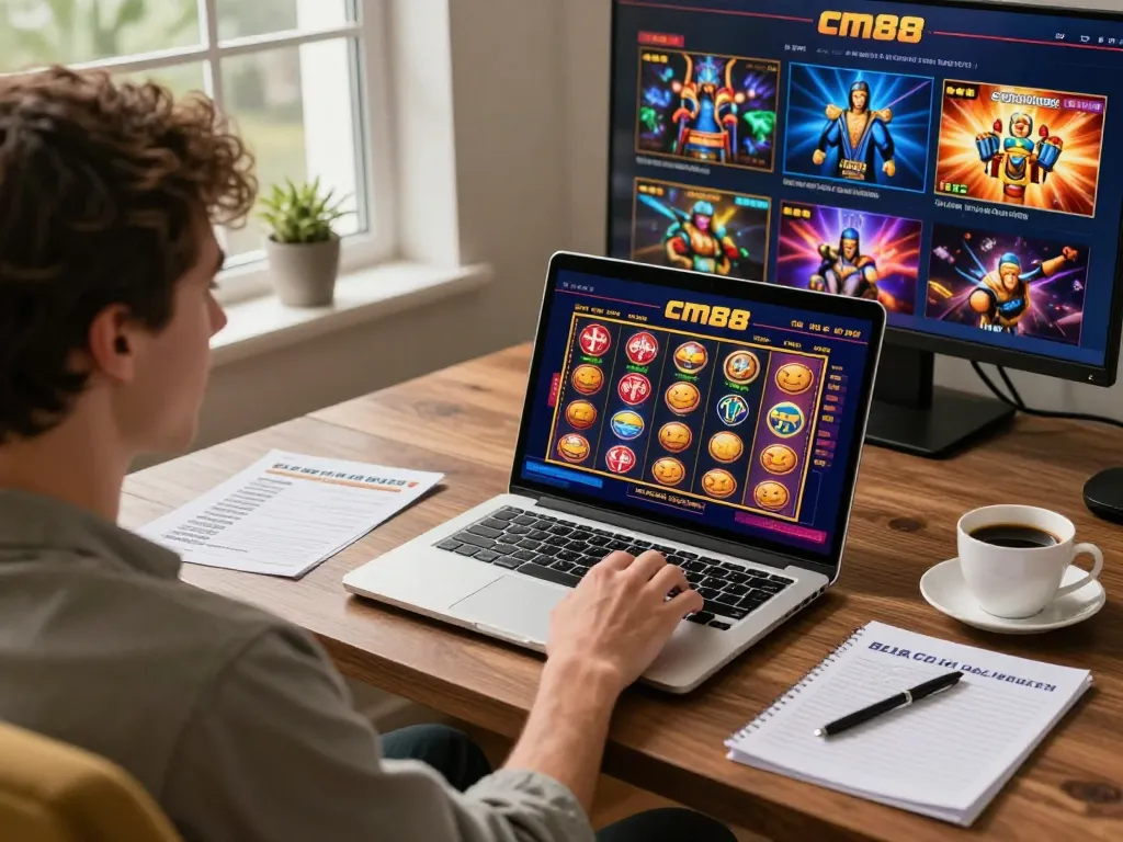 Player engaging with nhà cái cm88 slot game on laptop in a cozy home setup