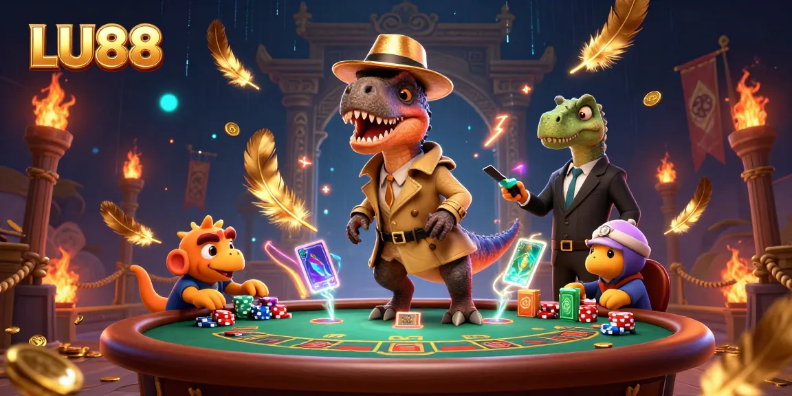 Win big with LU88 at the blackjack table, featuring a cartoon velociraptor and casino scene.