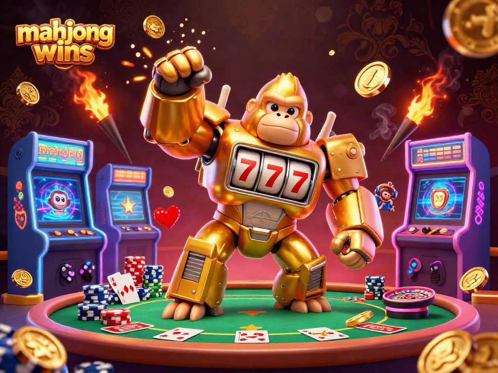 Experience mahjong wins with vibrant casino-themed 3D illustration featuring a golden mech and engaging game elements.