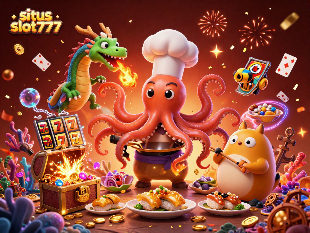 Situs slot777 features an engaging scene of characters preparing for gambling with dynamic elements of slots and confetti.